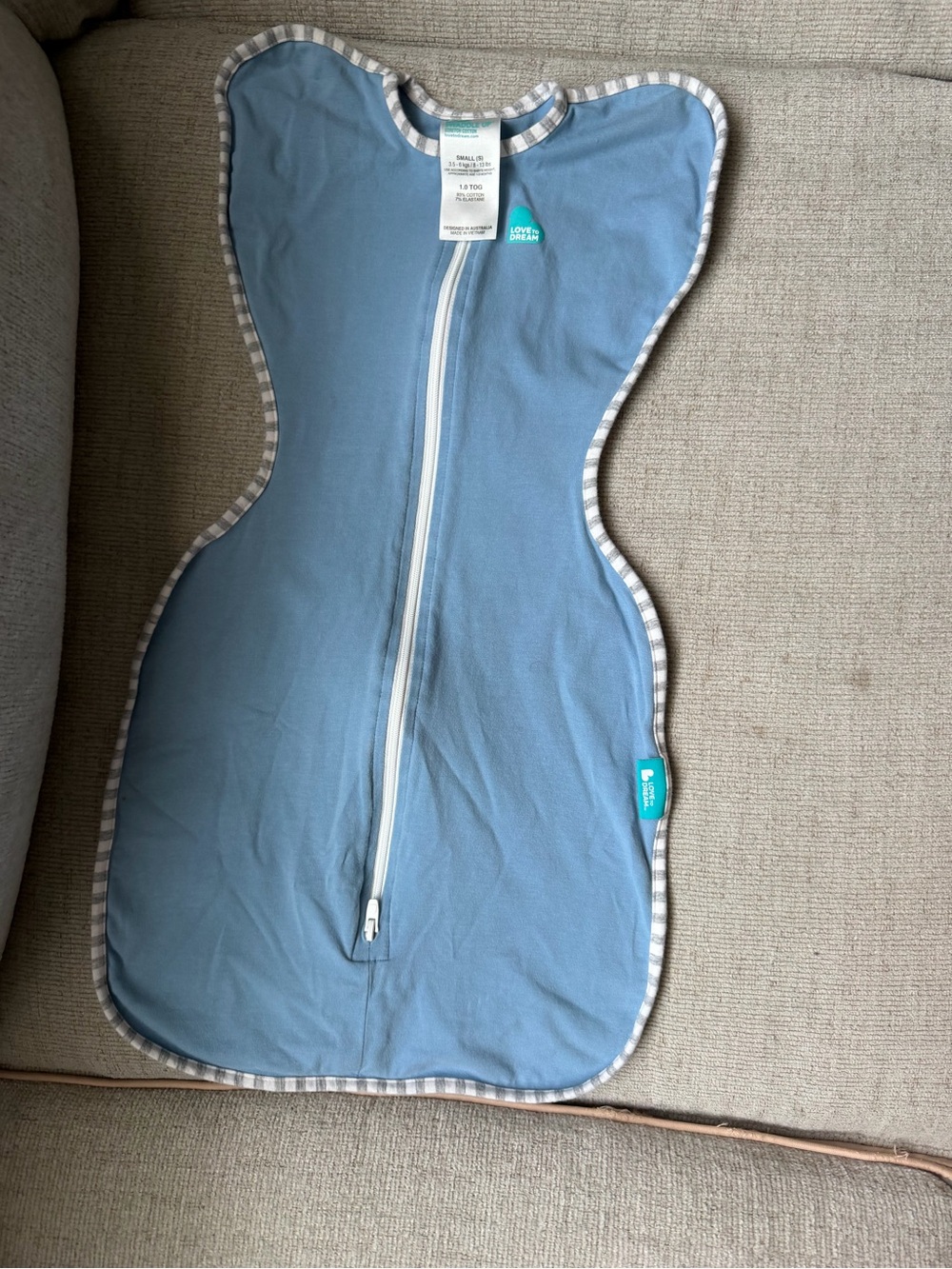 Love to Dream Light Blue Swaddle Sleep Sack with Gray-White Trim